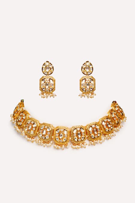 Zevar By Geeta Gold Kundan Polki Necklace & Earring Set 