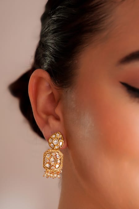 Zevar By Geeta_Gold Plated Stones, Pearls Kundan Polki Necklace And Earring Set _Online_at_Aza_Fashions