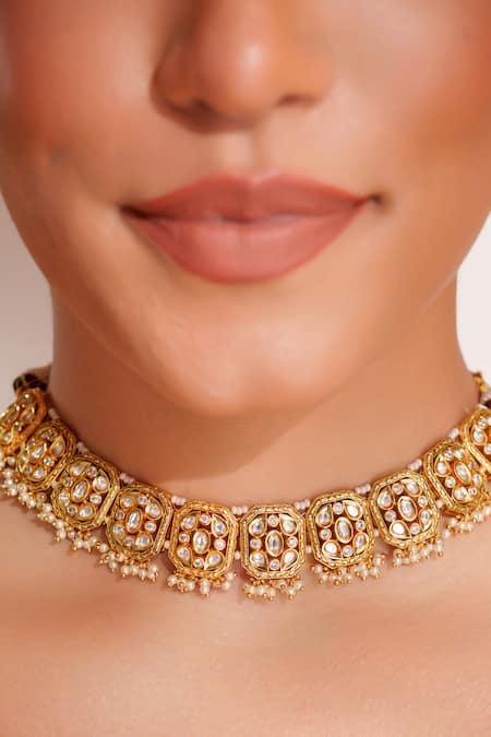 Buy_Zevar By Geeta_Gold Plated Stones, Pearls Kundan Polki Necklace And Earring Set _Online_at_Aza_Fashions