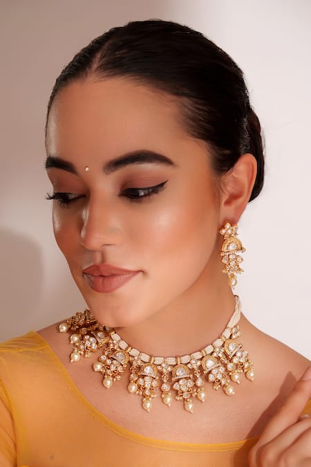 ZEVAR BY GEETA Gold Plated Stones, Pearls Kundan Polki Finish Jewellery Set 