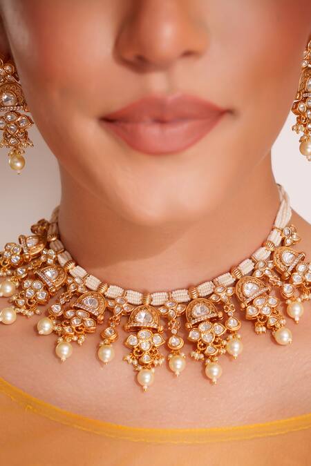 Buy_Zevar By Geeta_Gold Plated Stones, Pearls Kundan Polki Finish Jewellery Set _Online_at_Aza_Fashions