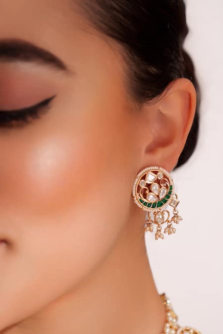 Zevar By Geeta_Green Stones Kundan Polki Necklace And Earring Set _Online_at_Aza_Fashions