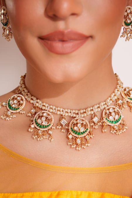 Buy_Zevar By Geeta_Green Stones Kundan Polki Necklace And Earring Set _Online_at_Aza_Fashions