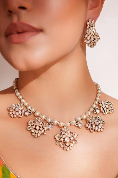 Buy_Zevar By Geeta_Gold Plated Stones Kundan Polki Designer Necklace And Earrings Set _Online_at_Aza_Fashions