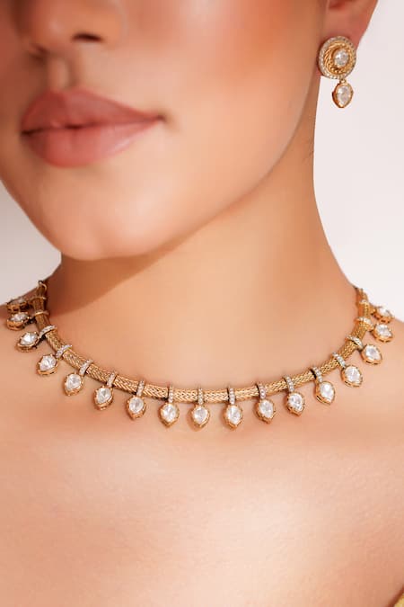 Buy_Zevar By Geeta_Gold Plated Stones Kundan Polki Finish Jewellery Set _Online_at_Aza_Fashions