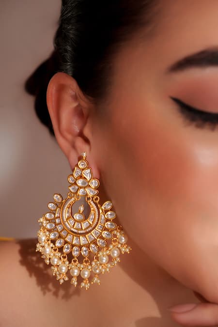 Zevar By Geeta_Gold Plated Stones Kundan Polki Finish Danglers _Online_at_Aza_Fashions