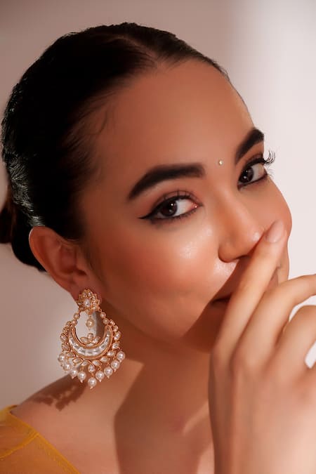 ZEVAR BY GEETA Gold Plated Pearls, Stones Finish Kundan Chandbali Earrings 