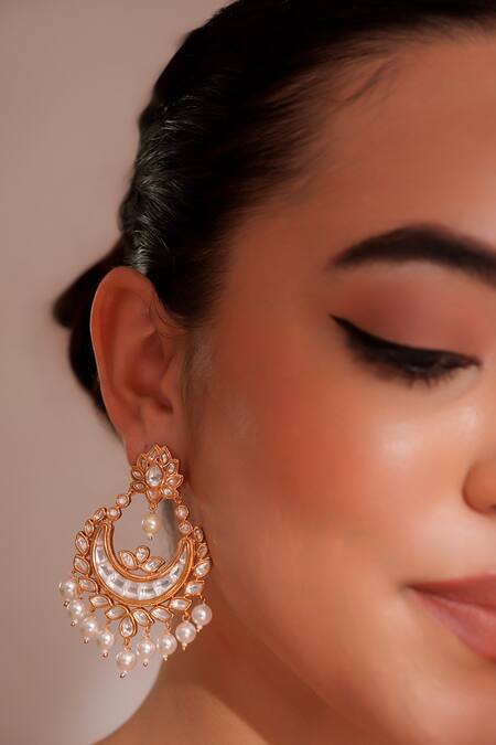 Zevar By Geeta_Gold Plated Pearls, Stones Finish Kundan Chandbali Earrings _Online_at_Aza_Fashions