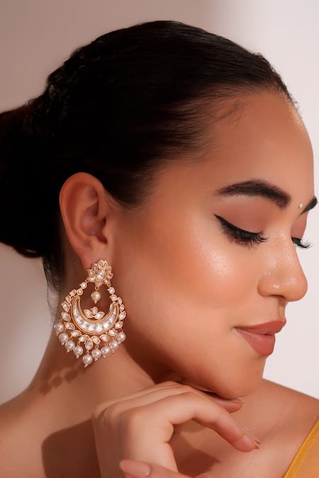 Buy_Zevar By Geeta_Gold Plated Pearls, Stones Finish Kundan Chandbali Earrings _Online_at_Aza_Fashions