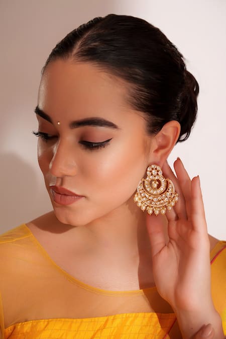 Zevar By Geeta_Gold Plated Crystals, Pearls Kundan Polki Chandbali Earrings _Online_at_Aza_Fashions