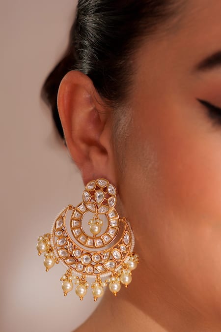 Buy_Zevar By Geeta_Gold Plated Crystals, Pearls Kundan Polki Chandbali Earrings _Online_at_Aza_Fashions