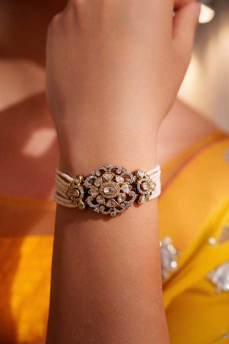Zevar By Geeta_Gold Plated Finish Kundan Polki Bracelet _Online_at_Aza_Fashions
