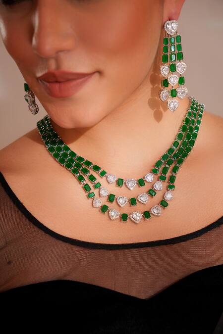 Zevar By Geeta_Green Designer Faux Diamond Jewellery Set _Online_at_Aza_Fashions