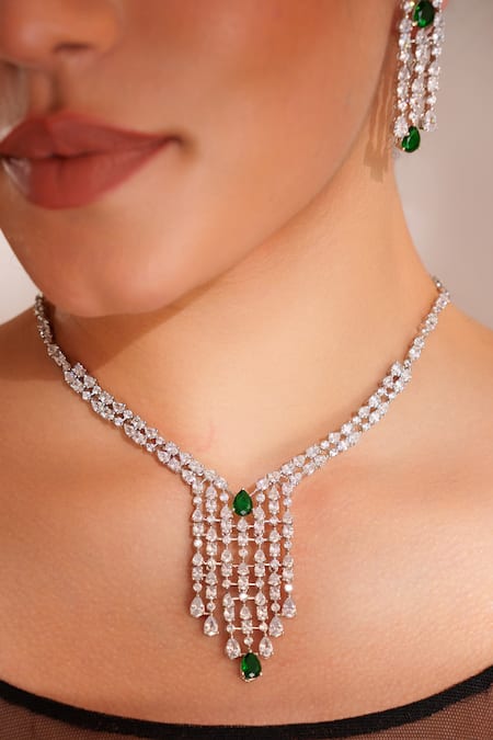 Buy Zevar By Geeta Silver Plated Faux Diamonds Designer Necklace And Earrings Set Online at Aza Fashions Buy_Zevar By Geeta_Silver Plated Faux Diamonds Designer Necklace And Earrings Set _Online_at_Aza_Fashions