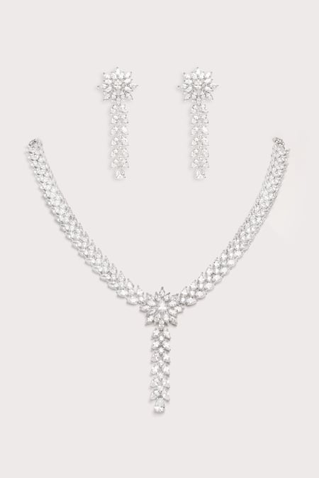 Shop Zevar By Geeta White Imitation Diamonds Designer Faux Necklace And Earrings Set at Aza Fashions Shop_Zevar By Geeta_White Imitation Diamonds Designer Faux Necklace And Earrings Set _at_Aza_Fashions