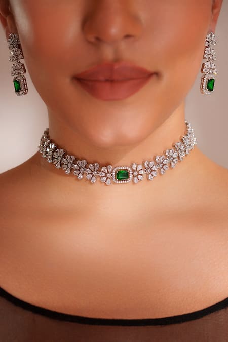 Zevar By Geeta_Green Crystals Designer Faux Diamond Jewellery Set _Online_at_Aza_Fashions
