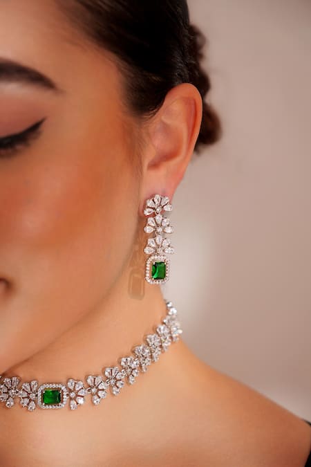 Buy_Zevar By Geeta_Green Crystals Designer Faux Diamond Jewellery Set _Online_at_Aza_Fashions