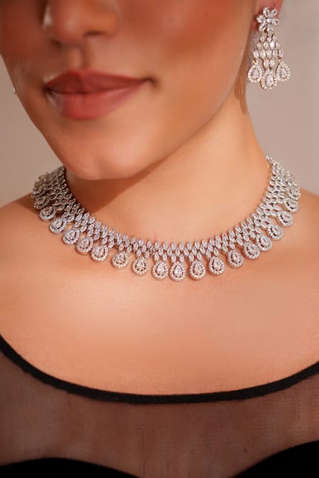 Buy_Zevar By Geeta_White Imitation Diamonds Designer Faux Necklace And Earrings Set _Online_at_Aza_Fashions