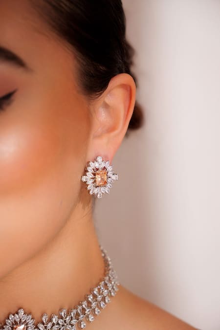 Zevar By Geeta_Peach Imitation Diamonds Faux Jewellery Set _Online_at_Aza_Fashions