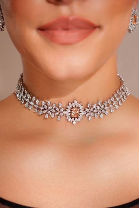 Buy_Zevar By Geeta_Peach Imitation Diamonds Faux Jewellery Set _Online_at_Aza_Fashions