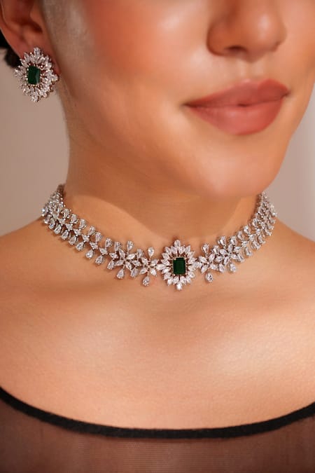 Zevar By Geeta_Green Imitation Diamonds Designer Faux Jewellery Set _Online_at_Aza_Fashions