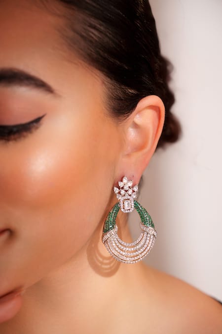 Zevar By Geeta_Green Fabric Flowers Contemporary Faux Diamond Hoop Earrings _Online_at_Aza_Fashions