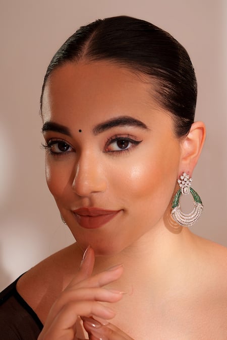 Buy_Zevar By Geeta_Green Fabric Flowers Contemporary Faux Diamond Hoop Earrings _Online_at_Aza_Fashions