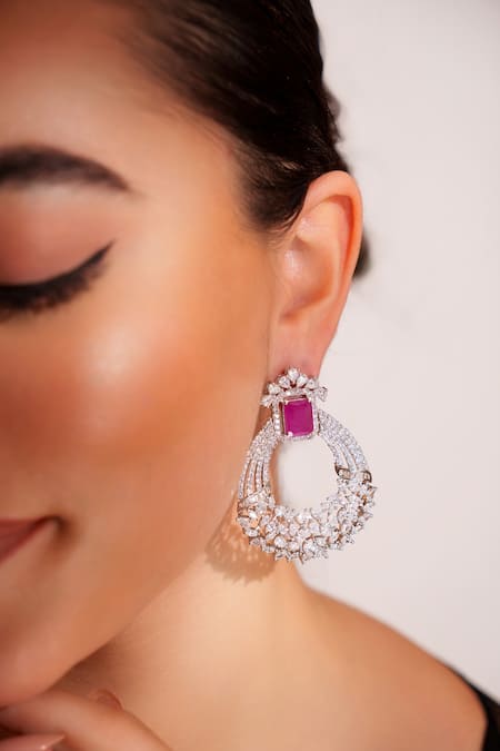Zevar By Geeta_Pink Crystals Contemporary Hoop Earrings With Faux Diamonds _Online_at_Aza_Fashions
