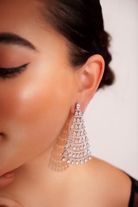 Zevar By Geeta_White Imitation Diamonds Designer Faux Danglers _Online_at_Aza_Fashions