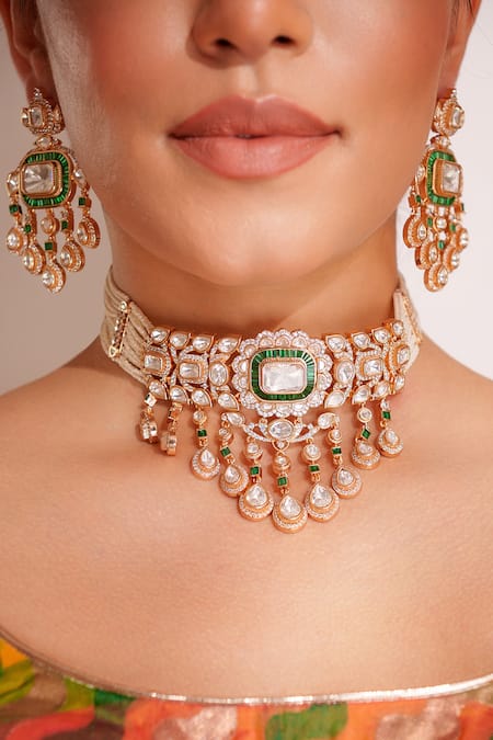 Buy_Zevar By Geeta_Green Diamonds, Stones Kundan Polki Designer Jewellery Set _Online_at_Aza_Fashions