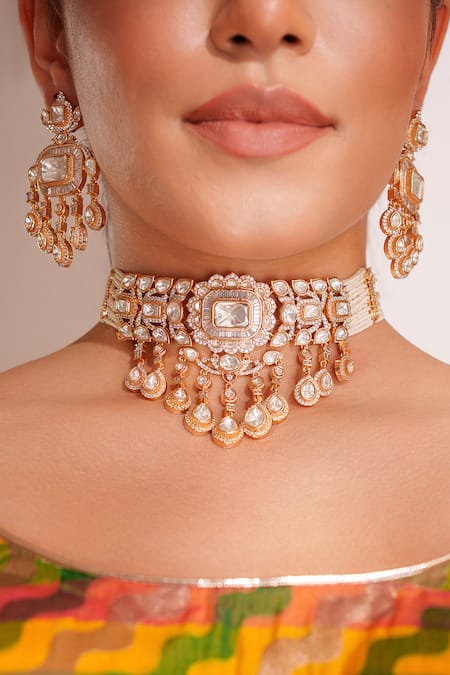 Buy_Zevar By Geeta_Gold Plated Imitation Diamonds Kundan Polki Jewellery Set _Online_at_Aza_Fashions