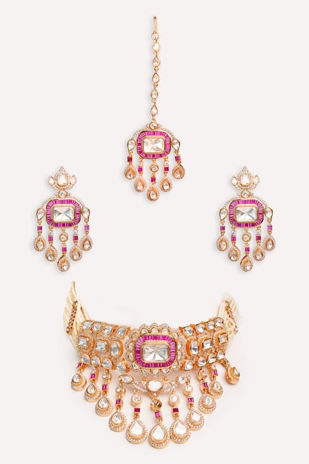Shop_Zevar By Geeta_Red Imitation Diamonds Kundan Polki Designer Jewellery Set _at_Aza_Fashions