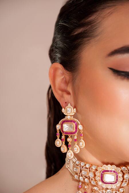 Zevar By Geeta_Red Imitation Diamonds Kundan Polki Designer Jewellery Set _Online_at_Aza_Fashions