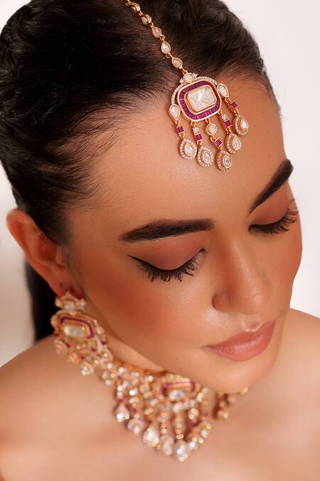 Buy_Zevar By Geeta_Red Imitation Diamonds Kundan Polki Designer Jewellery Set _Online_at_Aza_Fashions