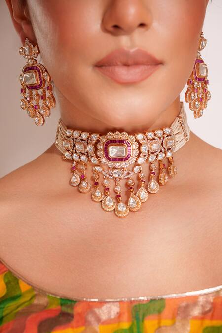 Shop_Zevar By Geeta_Red Imitation Diamonds Kundan Polki Designer Jewellery Set _Online_at_Aza_Fashions