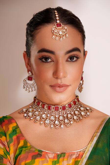 Buy_Zevar By Geeta_Red Stones Kundan Polki Designer Jewellery Set _Online_at_Aza_Fashions