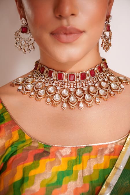 Shop_Zevar By Geeta_Red Stones Kundan Polki Designer Jewellery Set _Online_at_Aza_Fashions