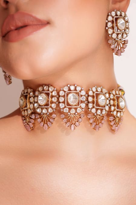 Zevar By Geeta_Pink Imitation Diamonds Kundan Polki Two Tone Necklace And Earrings Set _Online_at_Aza_Fashions