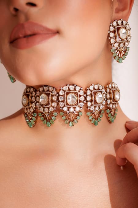 Zevar By Geeta_Aqua Imitation Diamonds Kundan Polki Necklace And Earring Set_Online_at_Aza_Fashions