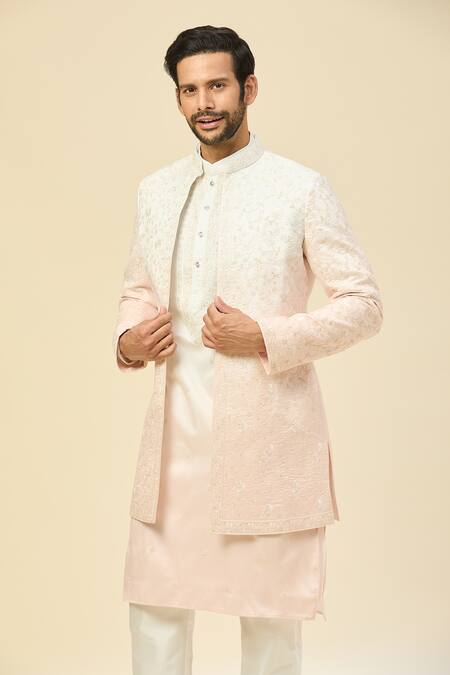 Shop_Rng Safawala_White Silk, Crepe Embroidery Sherwani And Kurta Set _Online_at_Aza_Fashions