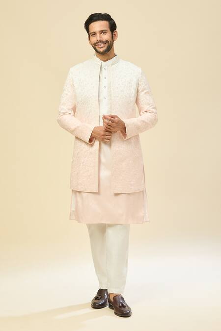 Rng Safawala_White Silk, Crepe Embroidery Sherwani And Kurta Set _at_Aza_Fashions