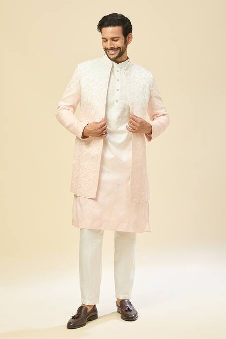Shop_Rng Safawala_White Silk, Crepe Embroidery Sherwani And Kurta Set 