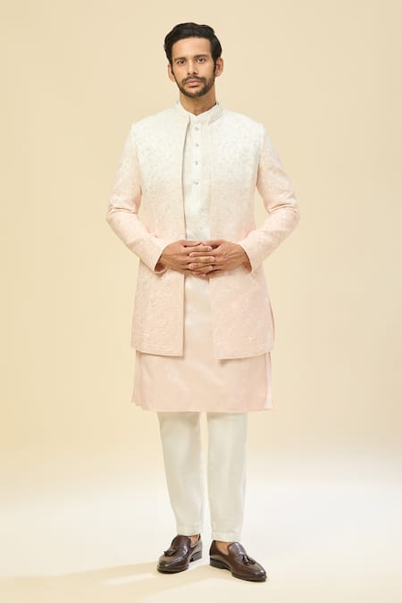 RNG Safawala White Silk, Crepe Embroidery Sherwani And Kurta Set 