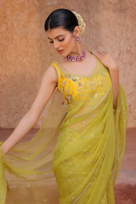 Buy_Shreeka_Lavender Silk Organza Sequins, Embroidery Lime Green Banarasi Tissue Saree Set 