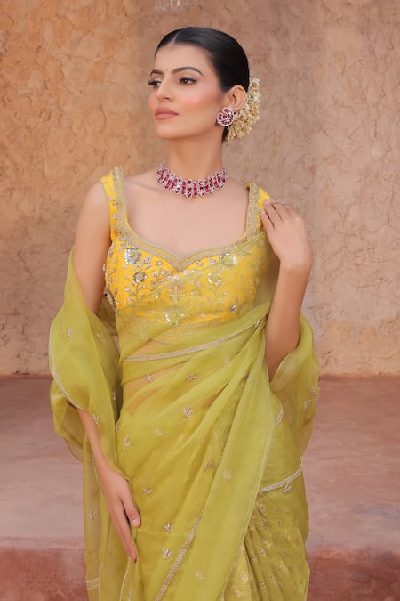 Shop_Shreeka_Lavender Silk Organza Sequins, Embroidery Lime Green Banarasi Tissue Saree Set 