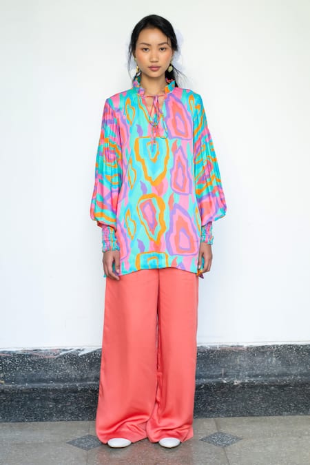 LAHARIO_Multi Color Modal, Satin Collared Multicolor Abstract Print Shirt And Pant Set _at_Aza_Fashions