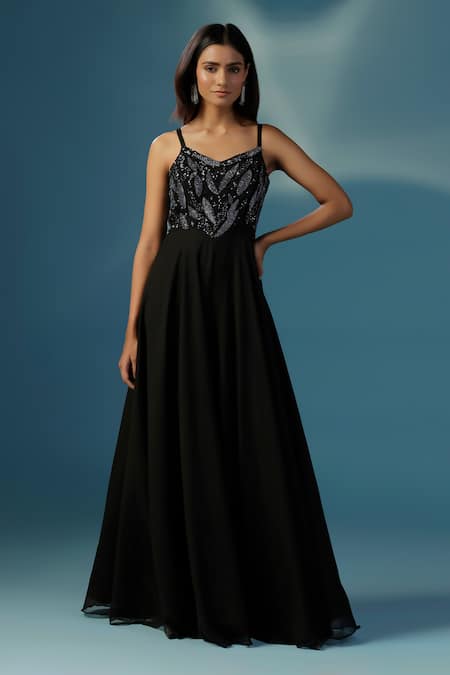 Two Sisters By Gyans Black Georgette Sequins, Beads V-neck Designer Jumpsuit 