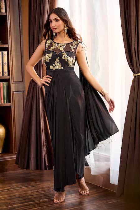 Shop_Aariyana Couture_Black Crepe, Tulle Embroidery Boat Neck Hand Saree Gown
