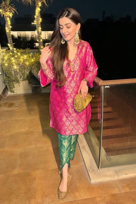 Shop Minime Organics Pink Brocade, Cotton Woven Kurta Set at Aza Fashions Shop_Minime Organics_Pink Brocade, Cotton Woven Kurta Set_at_Aza_Fashions