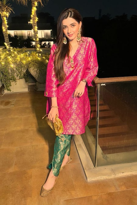 MINIME ORGANICS Pink Brocade, Cotton Woven Kurta Set 